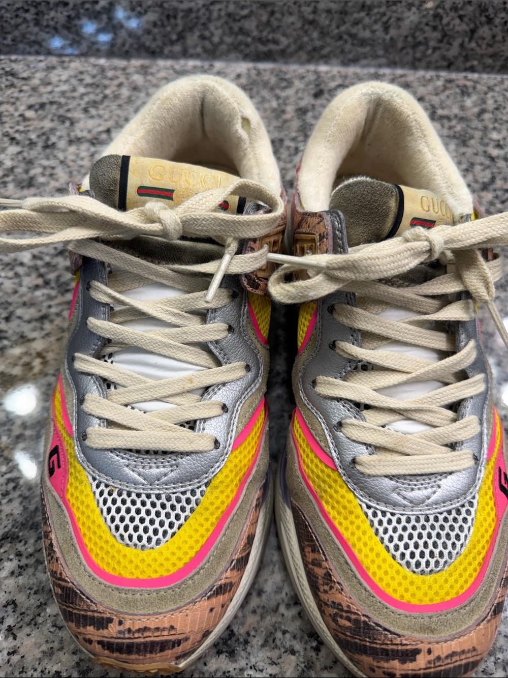 Gucci Multicolor Leather & Mesh Sneakers - Yellow Hot Pink Silver